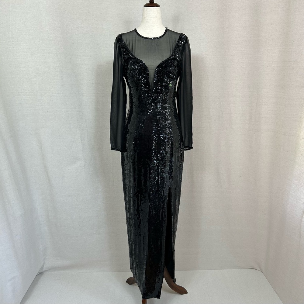 A.J. Bari Vintage 80’s Sequined Black Long Sleeve Plunge Silk Gown